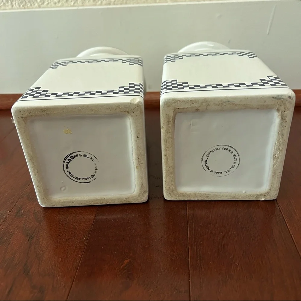Vintage French Lustucru Style Sel (salt) Canisters Blue White Ceramic Set 2